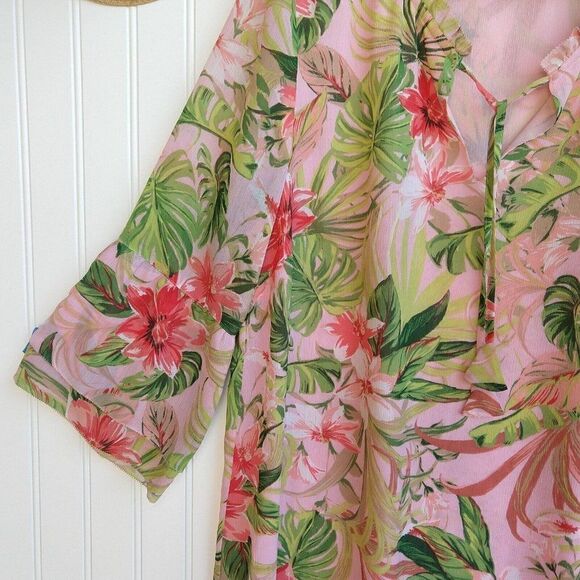 J Jill Pink Tropical Print Chiffon Tunic Top Size MP Hawaiian Tassels 3/4 Sleeve - Picture 5 of 11